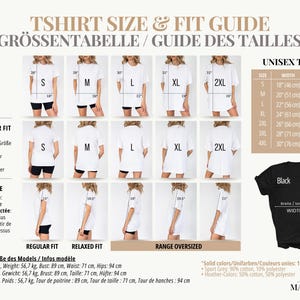 May include: A white and beige size and fit guide for unisex t-shirts. The guide includes measurements in inches and centimeters, with a black t-shirt graphic showing width and length. The text includes "Regular Fit", "Relaxed Fit", and "Range Oversized".