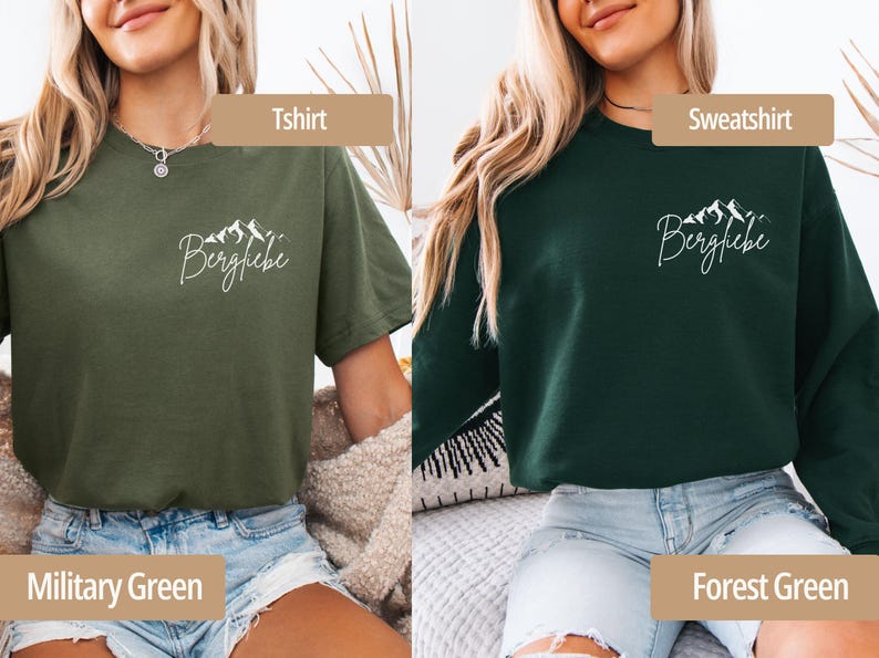 May include: Military green t-shirt and forest green sweatshirt with the word "Bergliebe" and a mountain graphic in white. The t-shirt is short-sleeved, and the sweatshirt is long-sleeved. Both are casual wear.