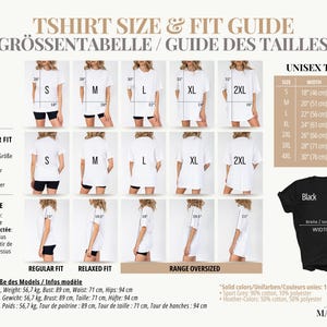 May include: A white unisex t-shirt size and fit guide. The guide includes measurements in inches and centimeters for sizes S to 4XL. The guide also shows how the t-shirts fit: regular, relaxed, and oversized.