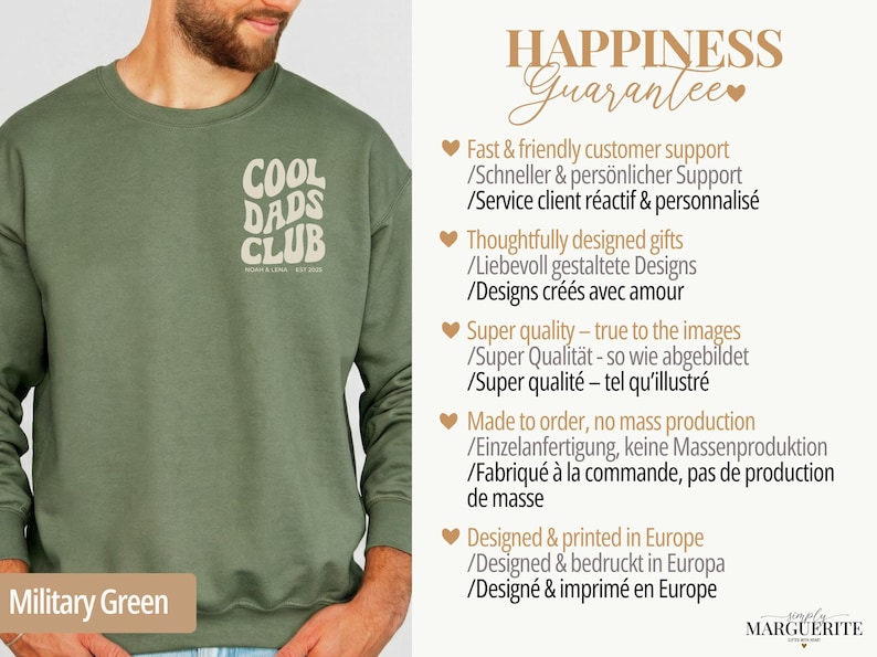May include: Military green sweatshirt with the text "COOL DADS CLUB" in a retro font. The sweatshirt is a solid color and has a crew neck. The text "MOM & LEO - EST. 2022" is below the main text.