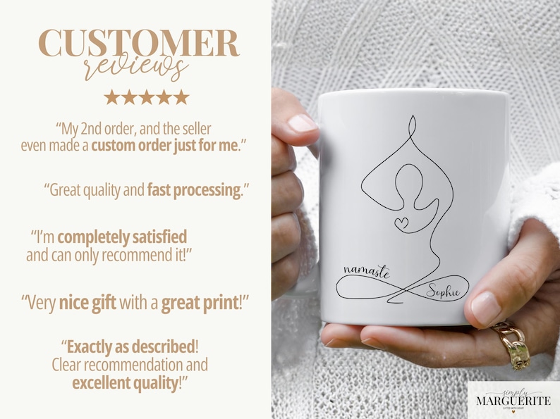 May include: White ceramic mug featuring a minimalist line drawing of a yoga pose with a heart. The mug has the word "namaste" and the name "Sophie" in a delicate script. The mug is held by a person.