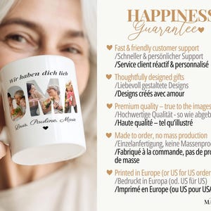 May include: White ceramic mug with the word "OMA" in large letters, each letter filled with a different photo. The mug also has the text "Wir haben dich lieb" and the names "Louis, Pauline, Marie".
