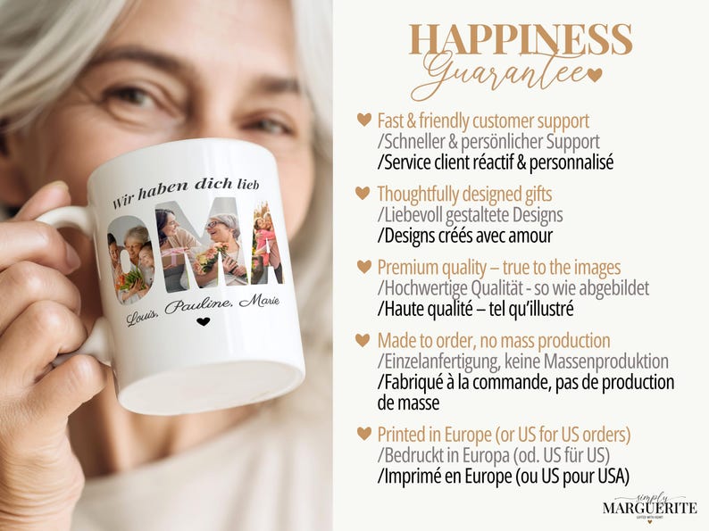 May include: White ceramic mug with the word "OMA" in large letters, each letter filled with a different photo. The mug also has the text "Wir haben dich lieb" and the names "Louis, Pauline, Marie".