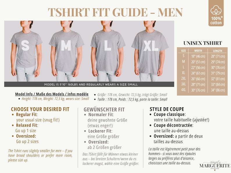 K&ouml;nnte beinhalten: Ein T-Shirt-Gr&ouml;&szlig;enratgeber f&uuml;r Herren, mit Modellen in grauen Shirts in den Gr&ouml;&szlig;en S, M, L und XL. Enth&auml;lt eine Gr&ouml;&szlig;entabelle mit Ma&szlig;en in cm und Zoll sowie Informationen zu Passformen wie Regular, Relaxed und Oversized.