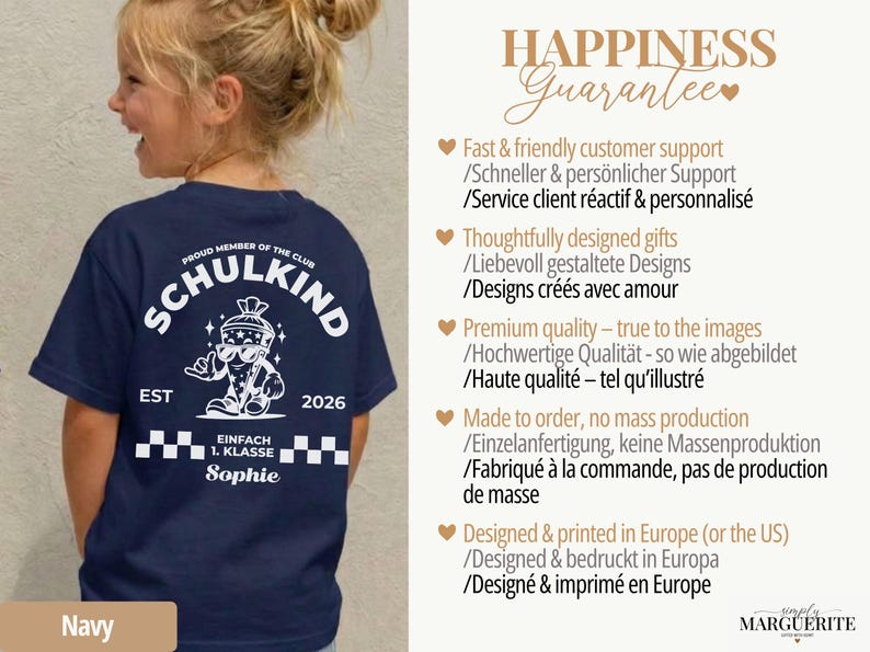 May include: A navy blue t-shirt featuring a white graphic on the back. The design includes the text SCHULKIND, PROUD MEMBER OF THE CLUB, EST 2026, EINFACH 1. KLASSE, and the name Sophie, alongside a cartoon character wearing sunglasses.