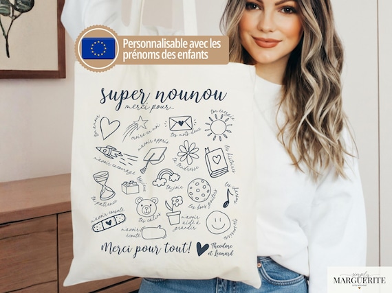 Cadeau nounou personnalisé – Tote bag merci nounou Noël | Cadeau fin d’année crèche avec prénom enfant, idée cadeau pas cher nounou