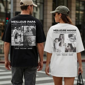 K&ouml;nnte beinhalten: Schwarz-wei&szlig;es T-Shirt mit dem Text "MEILLEUR PAPA" und einer Collage von Familienfotos. Die andere Person tr&auml;gt ein wei&szlig;es T-Shirt mit dem Text "MEILLEURE MAMAN".