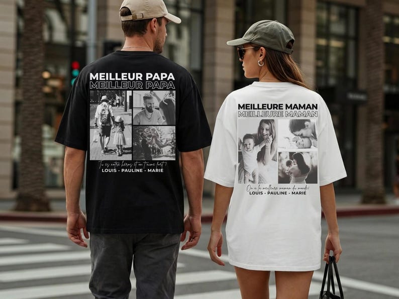 K&ouml;nnte beinhalten: Schwarz-wei&szlig;es T-Shirt mit dem Text "MEILLEUR PAPA" und einer Collage von Familienfotos. Die andere Person tr&auml;gt ein wei&szlig;es T-Shirt mit dem Text "MEILLEURE MAMAN".