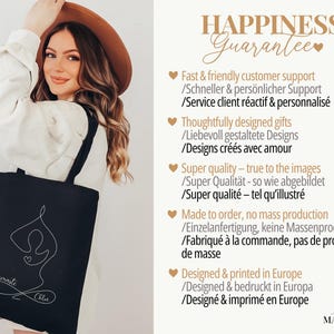 May include: Black tote bag with a white line drawing of a person in a yoga pose. The bag has the word "namaste" and the name "Chloe" in cursive. The image also includes text about customer support and design.