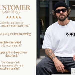 May include: A white t-shirt with the word "ONKEL" in a stylized font. The model is wearing a black beanie and sunglasses. Customer reviews are displayed on the left side of the image.
