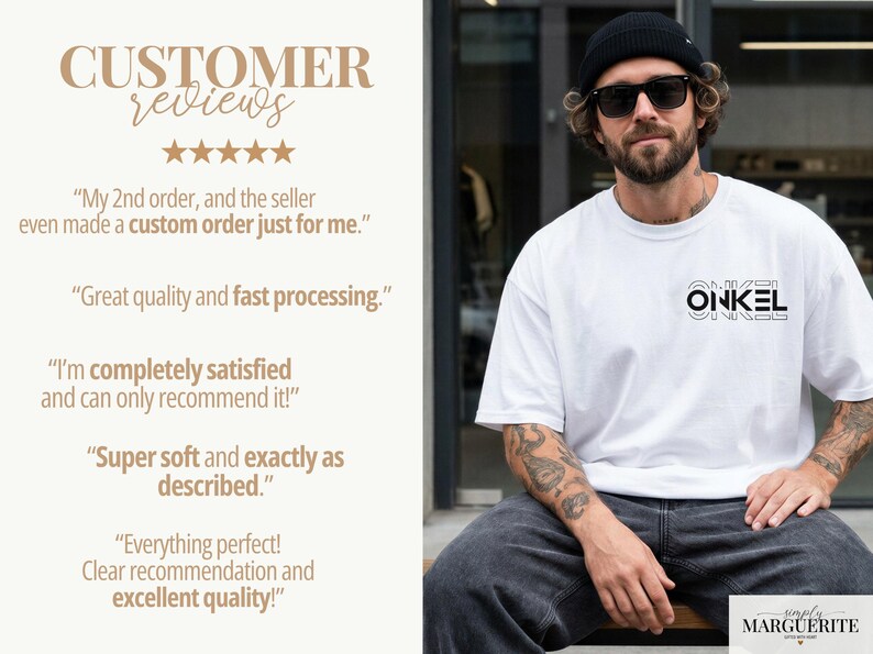May include: A white t-shirt with the word "ONKEL" in a stylized font. The model is wearing a black beanie and sunglasses. Customer reviews are displayed on the left side of the image.
