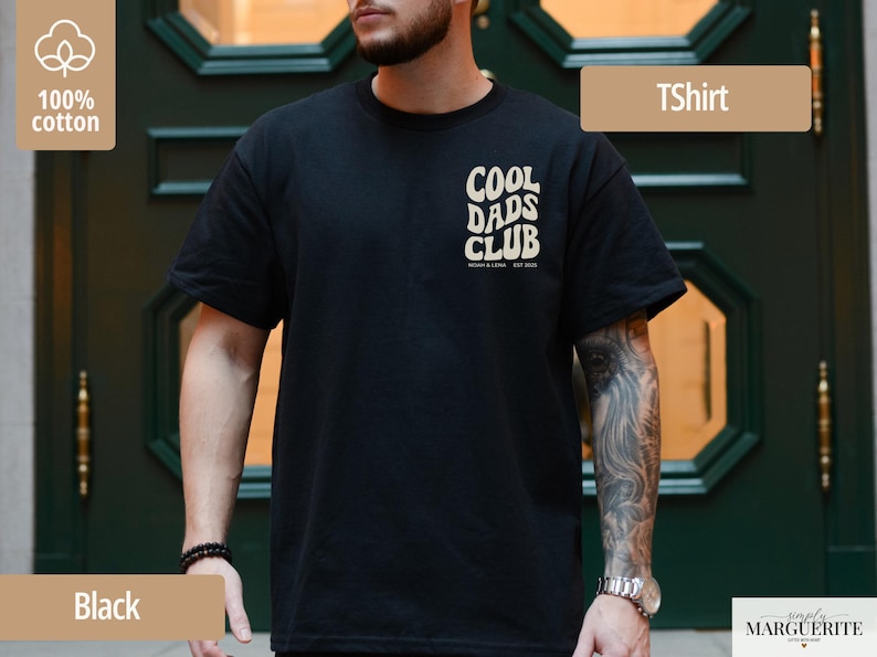 May include: Black t-shirt with the text "COOL DADS CLUB" in a retro font. The shirt is made of 100% cotton. The shirt is a classic crew neck style. The shirt is a solid black color.