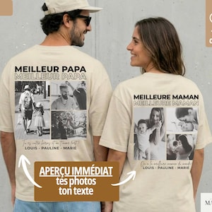 K&ouml;nnte beinhalten: Sandfarbene T-Shirts aus 100 % Baumwolle mit Schwarz-Wei&szlig;-Fotocollagen und Text. Ein Shirt tr&auml;gt die Aufschrift "MEILLEUR PAPA" und das andere "MEILLEURE MAMAN". Die Shirts tragen auch den Text "APER&Ccedil;U IMM&Eacute;DIAT t&eacute;s photos ton texte".