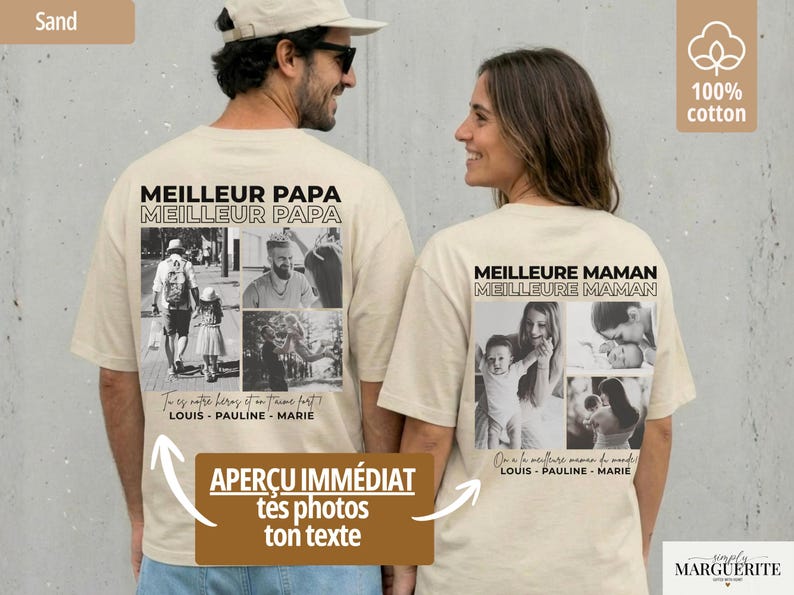 K&ouml;nnte beinhalten: Sandfarbene T-Shirts aus 100 % Baumwolle mit Schwarz-Wei&szlig;-Fotocollagen und Text. Ein Shirt tr&auml;gt die Aufschrift "MEILLEUR PAPA" und das andere "MEILLEURE MAMAN". Die Shirts tragen auch den Text "APER&Ccedil;U IMM&Eacute;DIAT t&eacute;s photos ton texte".