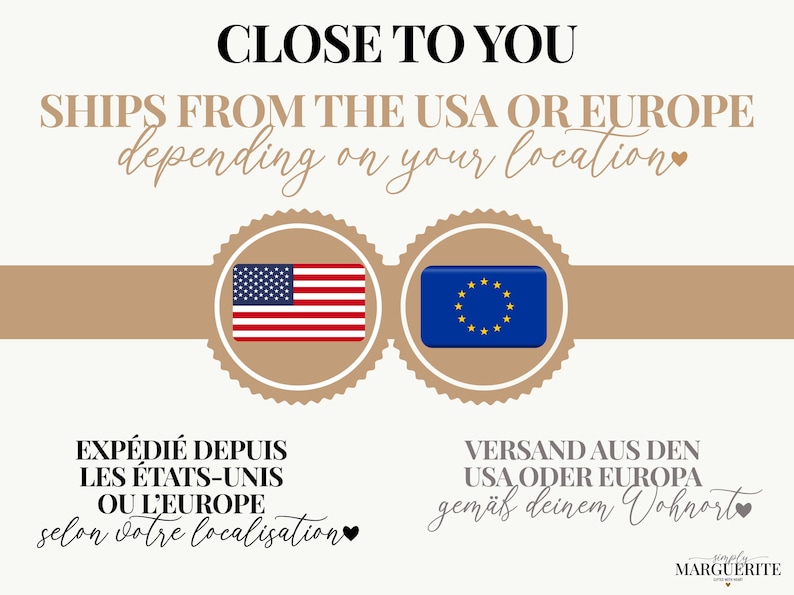 May include: Cream-colored graphic with the text "CLOSE TO YOU" and "SHIPS FROM THE USA OR EUROPE depending on your location." Includes the American flag and the EU flag.