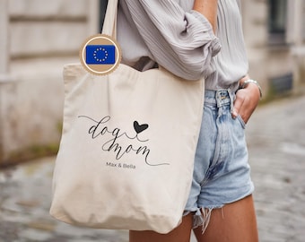 Custom Dog Mom Tote Bag – Personalized Paw Print Name Bag, Dog Lover Gift, Minimal Line Art Cotton Shopper