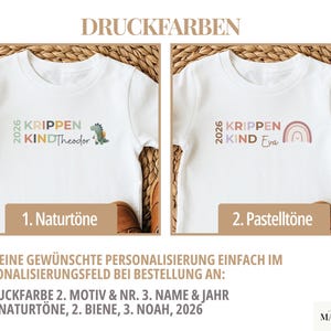 May include: Two white t-shirts featuring custom text and graphics. The left shirt displays the text 2026 KRIPPEN KIND Theodor with a dinosaur graphic. The right shirt displays 2026 KRIPPEN KIND Eva with a rainbow graphic. Text includes color options.