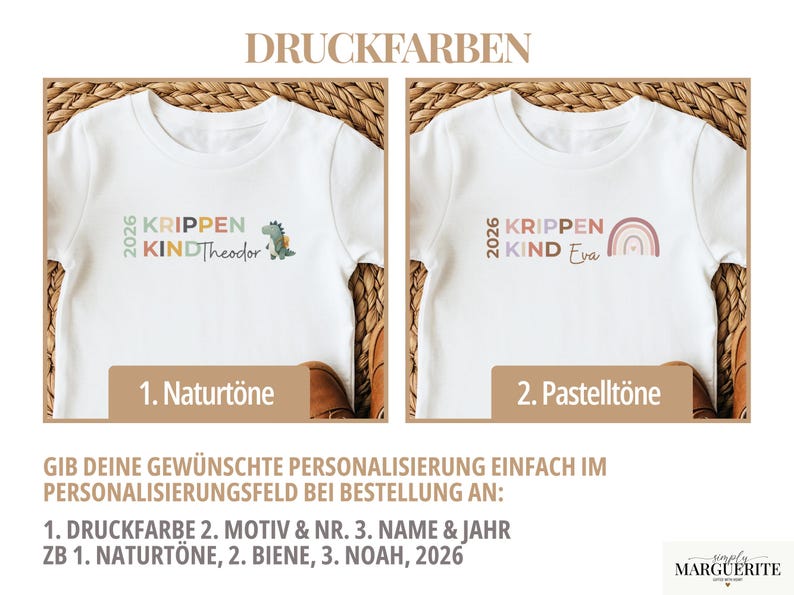 May include: Two white t-shirts featuring custom text and graphics. The left shirt displays the text 2026 KRIPPEN KIND Theodor with a dinosaur graphic. The right shirt displays 2026 KRIPPEN KIND Eva with a rainbow graphic. Text includes color options.