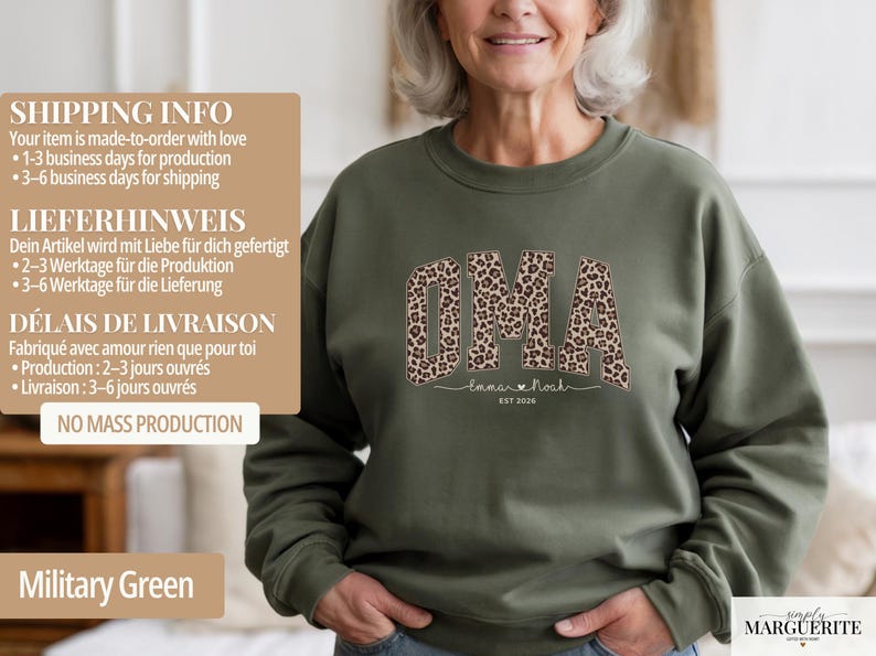 May include: An olive green sweatshirt with the word "OMA" in a leopard print design. Below the word "OMA" is the text "Emma & Noah" and the year "EST 2026". The sweatshirt is a crew neck style.