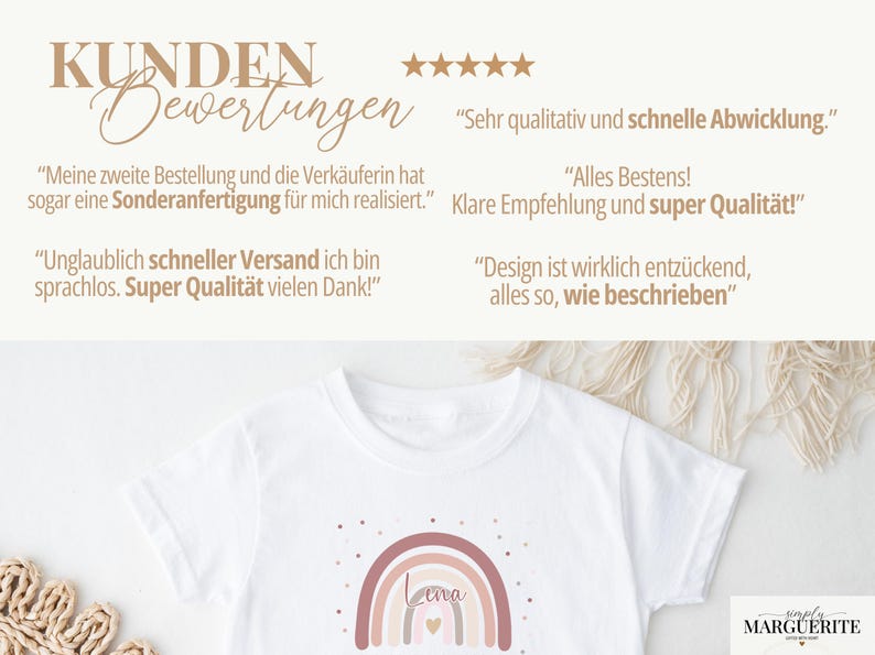 May include: A white t-shirt featuring a muted rainbow graphic with the name Lena and a small heart. The image includes five-star ratings and German customer reviews stating: Sehr qualitativ und schnelle Abwicklung, Alles Bestens, and more.