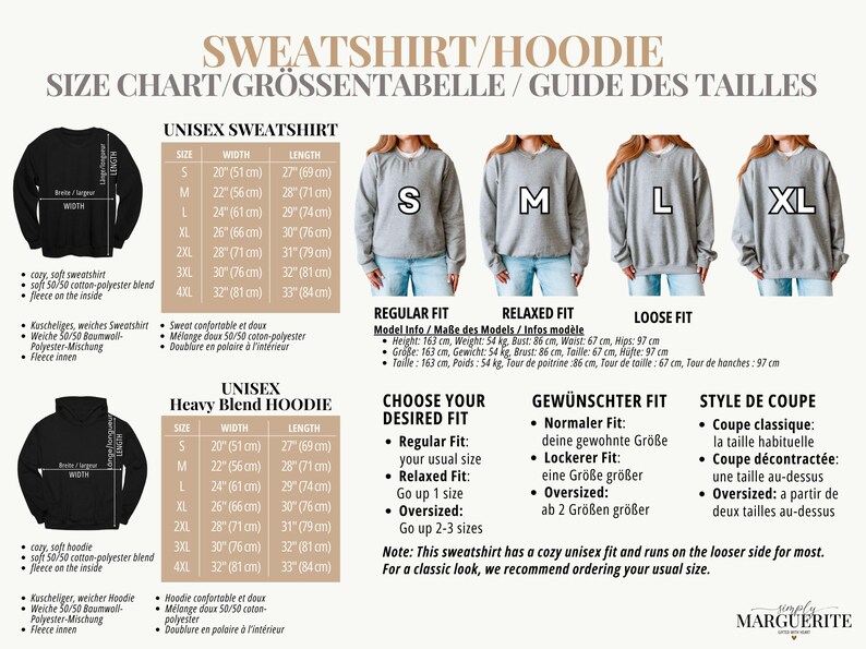 Puede incluir: Tabla de tallas para sudaderas y sudaderas con capucha unisex, con medidas en cm. Incluye detalles de tallas S, M, L, XL, 2XL, 3XL y 4XL, junto con descripciones de ajuste: normal, relajado y holgado. La tabla tambi&eacute;n proporciona informaci&oacute;n del modelo.