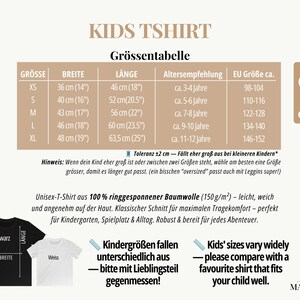 May include: A size chart for a kids t-shirt featuring a table with columns for size, width, length, age recommendation, and EU size. The chart includes a 100% cotton icon, a diagram showing how to measure a black and white t-shirt, and text instructions.