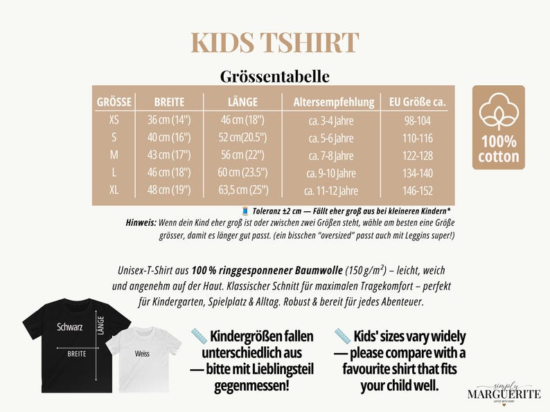 May include: A size chart for a kids t-shirt featuring a table with columns for size, width, length, age recommendation, and EU size. The chart includes a 100% cotton icon, a diagram showing how to measure a black and white t-shirt, and text instructions.