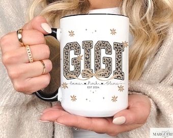 Custom Gigi Mug with Grandkids Names, Personalized Gigi Coffee Mug, New Gigi Gift, Pregnancy Announcement Gift for Gigi, Leopard Gigi Mug