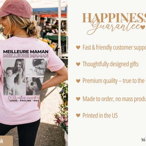 K&ouml;nnte beinhalten: Hellrosa T-Shirt mit dem Text &bdquo;MEILLEURE MAMAN&ldquo; und einer Fotocollage. Das Shirt hat auch den Text &bdquo;On a la meilleure maman du monde&ldquo; und die Namen LOUIS, PAULINE und MA.