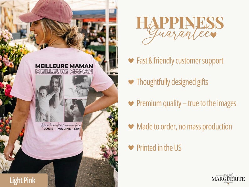K&ouml;nnte beinhalten: Hellrosa T-Shirt mit dem Text &bdquo;MEILLEURE MAMAN&ldquo; und einer Fotocollage. Das Shirt hat auch den Text &bdquo;On a la meilleure maman du monde&ldquo; und die Namen LOUIS, PAULINE und MA.