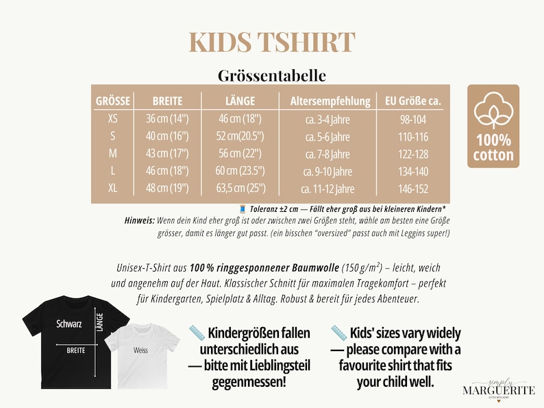 May include: A size chart for a kids t-shirt featuring a table with columns for size, width, length, age recommendation, and EU size. The chart includes a 100% cotton icon, a diagram showing how to measure a black and white t-shirt, and text instructions.