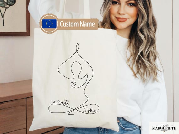 Personalized Yoga Tote Bag – Namaste Line Art Tote, Custom Name Yoga Gift for Women, Mindfulness Bag, Meditation Canvas Bag, Spiritual Tote