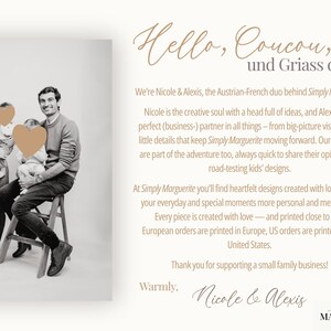May include: A family portrait in sepia tones. A woman and a man stand with two children, their faces obscured by heart shapes. Text reads "Hello, Coucou, und Griass di" and introduces the family behind Simply Marguerite.
