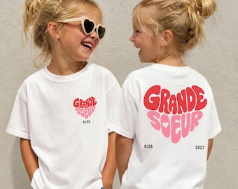 T-shirt Grande Sœur Personnalisé avec Prénom et Année | Shirt Grande Sœur Cadeau Naissance | Annonce Grossesse Sœur Fratrie Famille Enfant