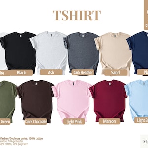 K&ouml;nnte beinhalten: Pr&auml;sentation von T-Shirts in verschiedenen Farben: Wei&szlig;, Schwarz, Aschgrau, Dunkelgrau, Sand, Marine, Milit&auml;rgr&uuml;n, Dunkle Schokolade, Hellrosa, Bordeauxrot und Hellblau. Die T-Shirts bestehen aus 100 % Baumwolle.