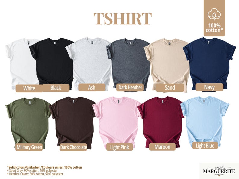 K&ouml;nnte beinhalten: Pr&auml;sentation von T-Shirts in verschiedenen Farben: Wei&szlig;, Schwarz, Aschgrau, Dunkelgrau, Sand, Marine, Milit&auml;rgr&uuml;n, Dunkle Schokolade, Hellrosa, Bordeauxrot und Hellblau. Die T-Shirts bestehen aus 100 % Baumwolle.