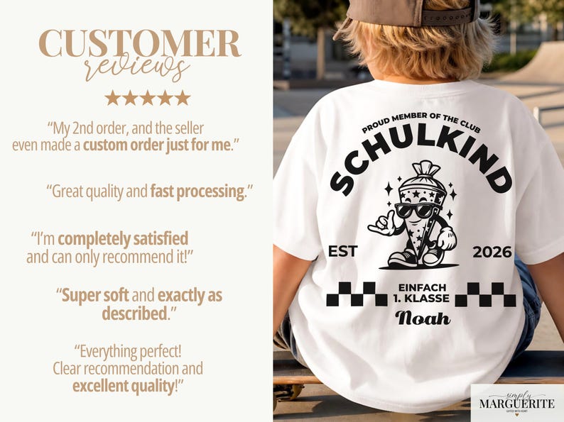 May include: A white t-shirt featuring a black graphic on the back. The design includes the text PROUD MEMBER OF THE CLUB SCHULKIND, a cartoon character wearing sunglasses, the text EST 2026, EINFACH 1. KLASSE, and the name Noah with checkered borders.