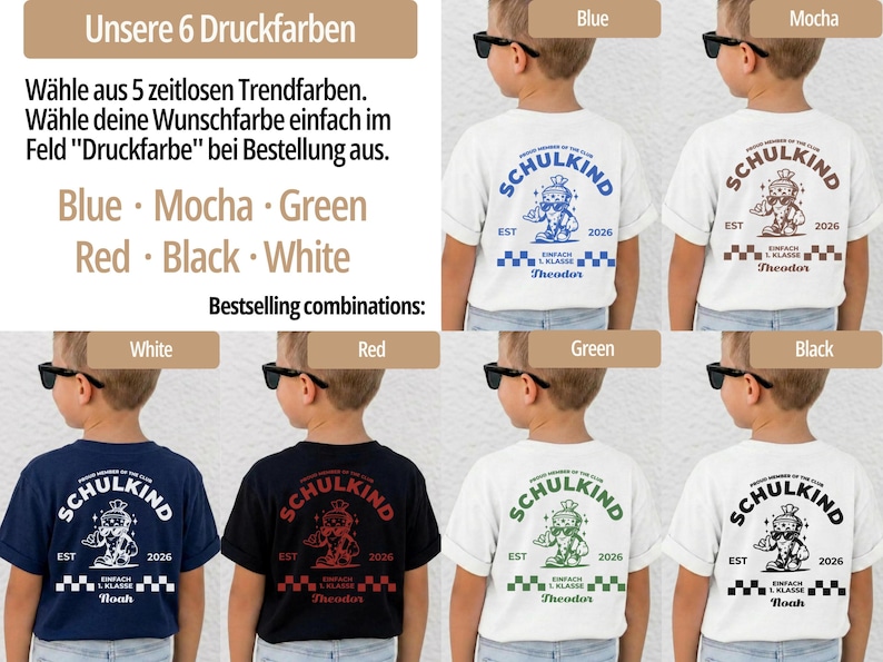 May include: A collection of short-sleeved t-shirts featuring a back graphic with the text SCHULKIND, EST 2026, and a cartoon character. The shirts are shown in white, navy, and black with print colors including blue, mocha, green, red, black, and white.