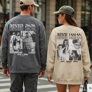 May include: Two sweatshirts, one gray and one beige, each with a family photo collage on the back. The gray sweatshirt says "BESTER PAPA" and the beige one says "BESTE MAMA". Both have names and dates below the photos.