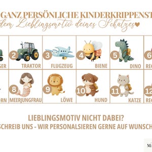 May include: A grid of twelve numbered illustrations featuring an excavator, tractor, airplane, bee, dinosaur, rainbow, unicorn, mermaid, lion, dog, cat, and another rainbow. The text reads: DER GANZ PERS&Ouml;NLICHE KINDERKRIPPENSTART mit dem Lieblingsmotiv deines Schatzes.