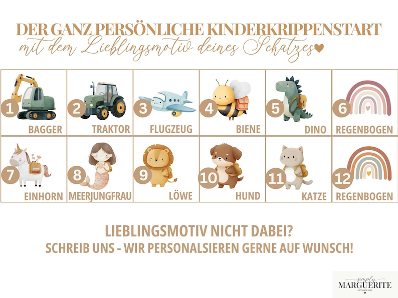 May include: A grid of twelve numbered illustrations featuring an excavator, tractor, airplane, bee, dinosaur, rainbow, unicorn, mermaid, lion, dog, cat, and another rainbow. The text reads: DER GANZ PERS&Ouml;NLICHE KINDERKRIPPENSTART mit dem Lieblingsmotiv deines Schatzes.