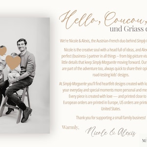 May include: A black and white photograph of a family of four, including two adults and two children with obscured faces, positioned next to text that reads Hello, Coucou, und Griass di, introducing the Austrian-French duo behind Simply Marguerite.