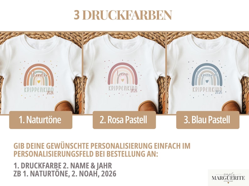May include: Three white t-shirts featuring a rainbow graphic with a small heart in the center and the text KRIPPENKIND 2026. The designs are available in three color palettes: natural tones, pastel pink, and pastel blue, each with a name printed.