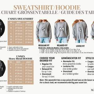 May include: A size chart for unisex sweatshirts and hoodies, featuring measurements in inches and centimeters. The chart includes size details for regular, relaxed, and loose fits, with model information and fit recommendations.