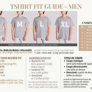 May include: A unisex t-shirt fit guide for men, featuring models in gray t-shirts labeled S, M, L, and XL. Includes a size chart with measurements in inches and centimeters, and information about fit styles.