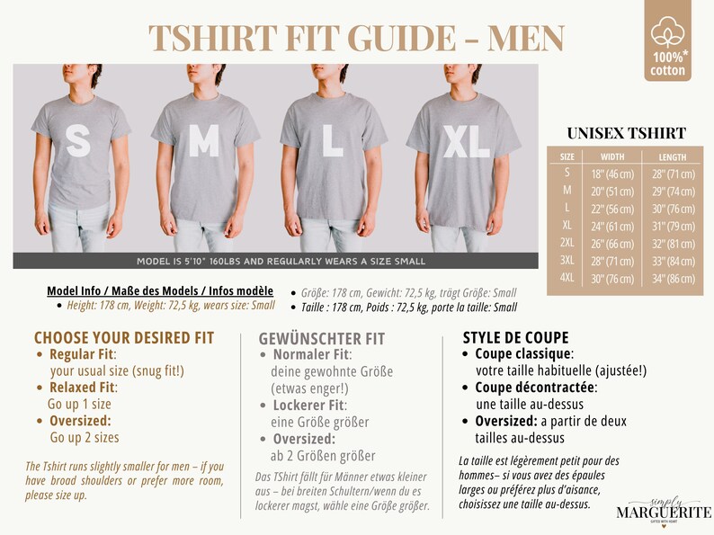 May include: A unisex t-shirt fit guide for men, featuring models in gray t-shirts labeled S, M, L, and XL. Includes a size chart with measurements in inches and centimeters, and information about fit styles.