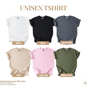 Pu&ograve; includere: Esposizione di sei t-shirt unisex in vari colori: bianco, nero, grigio scuro m&eacute;lange, sabbia, rosa chiaro e verde militare. Le magliette sono in 100% cotone, con un mix per i colori m&eacute;lange. Il testo "UNISEX TSHIRT" &egrave; in alto.