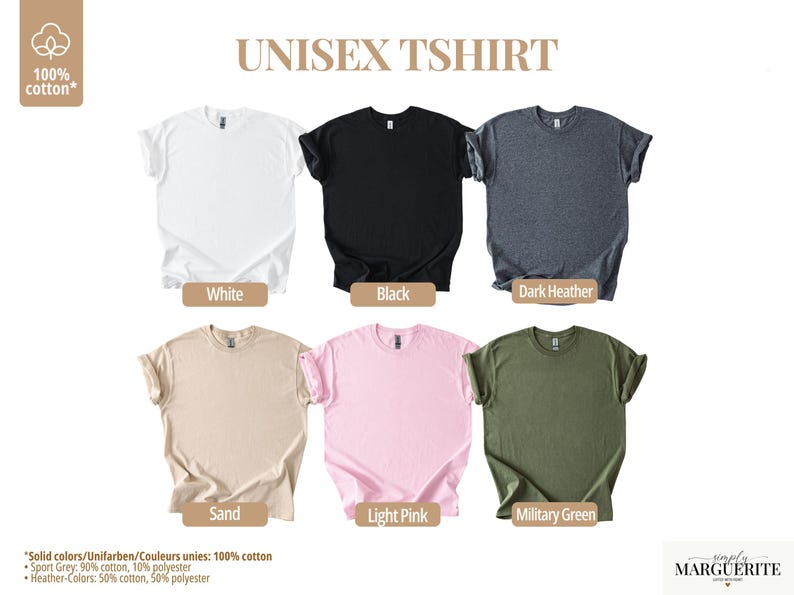 Pu&ograve; includere: Esposizione di sei t-shirt unisex in vari colori: bianco, nero, grigio scuro m&eacute;lange, sabbia, rosa chiaro e verde militare. Le magliette sono in 100% cotone, con un mix per i colori m&eacute;lange. Il testo "UNISEX TSHIRT" &egrave; in alto.