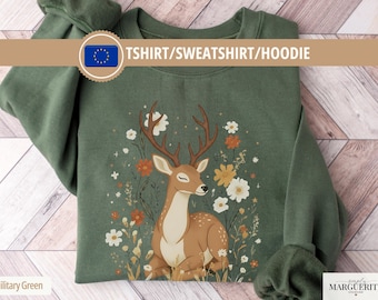 Deer Sweatshirt or Shirt Cottagecore– Vintage Floral Stag Shirt / Hoodie, Forestcore Deer Tshirt, Nature Lover Gift, Woodland Wildlife Print