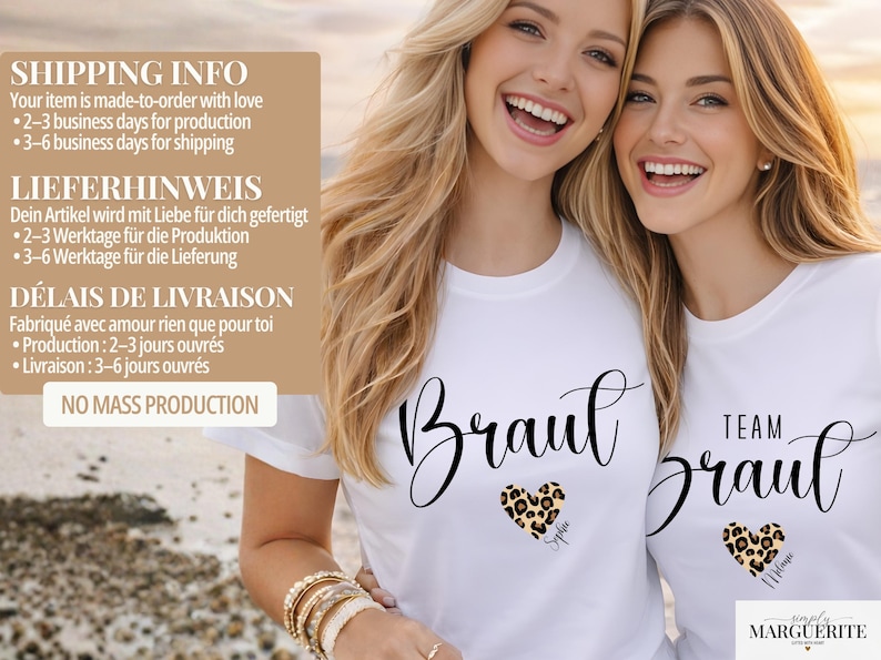 Pu&ograve; includere: Due donne sorridenti indossano magliette bianche con le parole "Braut" e "Team Braut" in elegante corsivo. Ogni maglietta presenta un cuore con stampa leopardata e un nome. Le magliette sono del marchio "simply MARGUERITE".